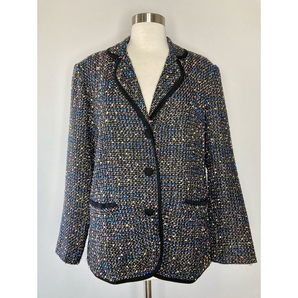 Susan Graver Blazer Jacket Women Size XL Multicolor Tweed Lined Suede Trim‎